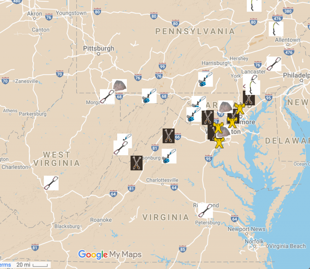 Screenshot of the DC area climbing map