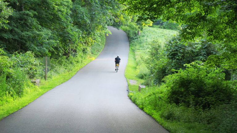 Person bikes on a road in Westchester New York